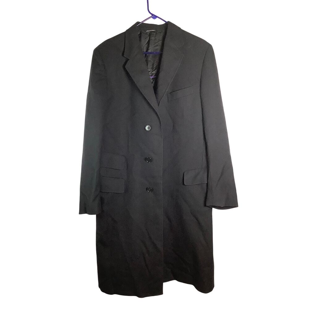 Paul Smith London Mens Large Black Merino Wool Long Coat Overcoat Luxury HR13-26